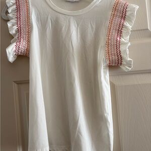 THML White Top with Pink and Orange Ruffle Sleeves